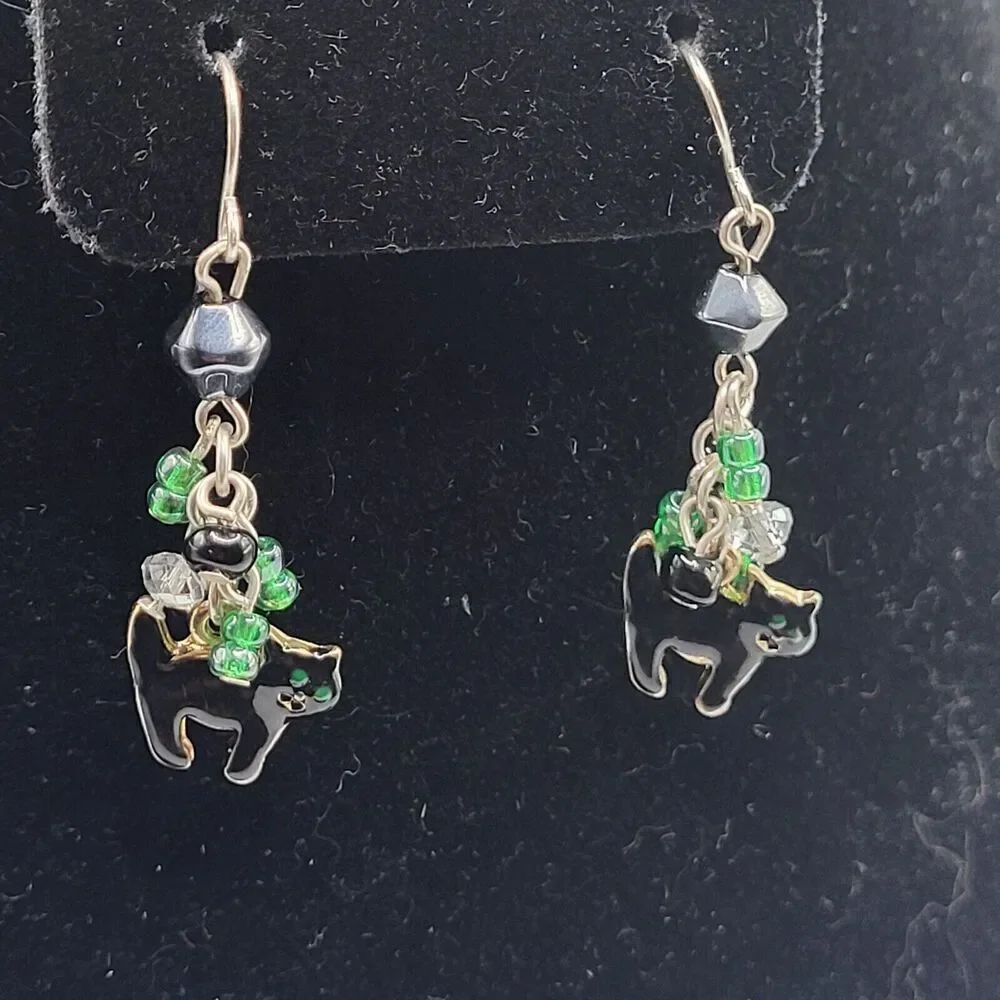 Hematite and Black Cat Earrings Signed KB Dangle Drop 1.5in